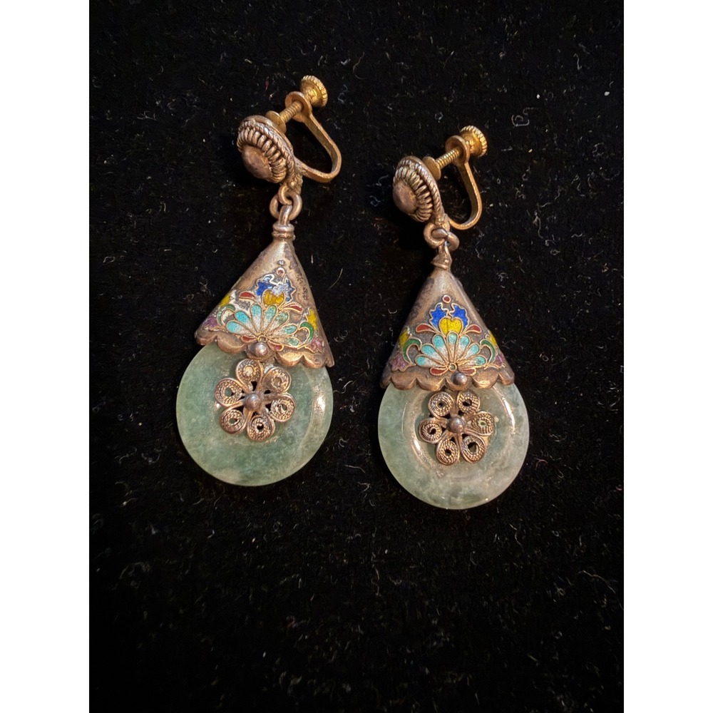 Art Deco Chinese Export Jade, Silver & Enamel Dangle Earrings